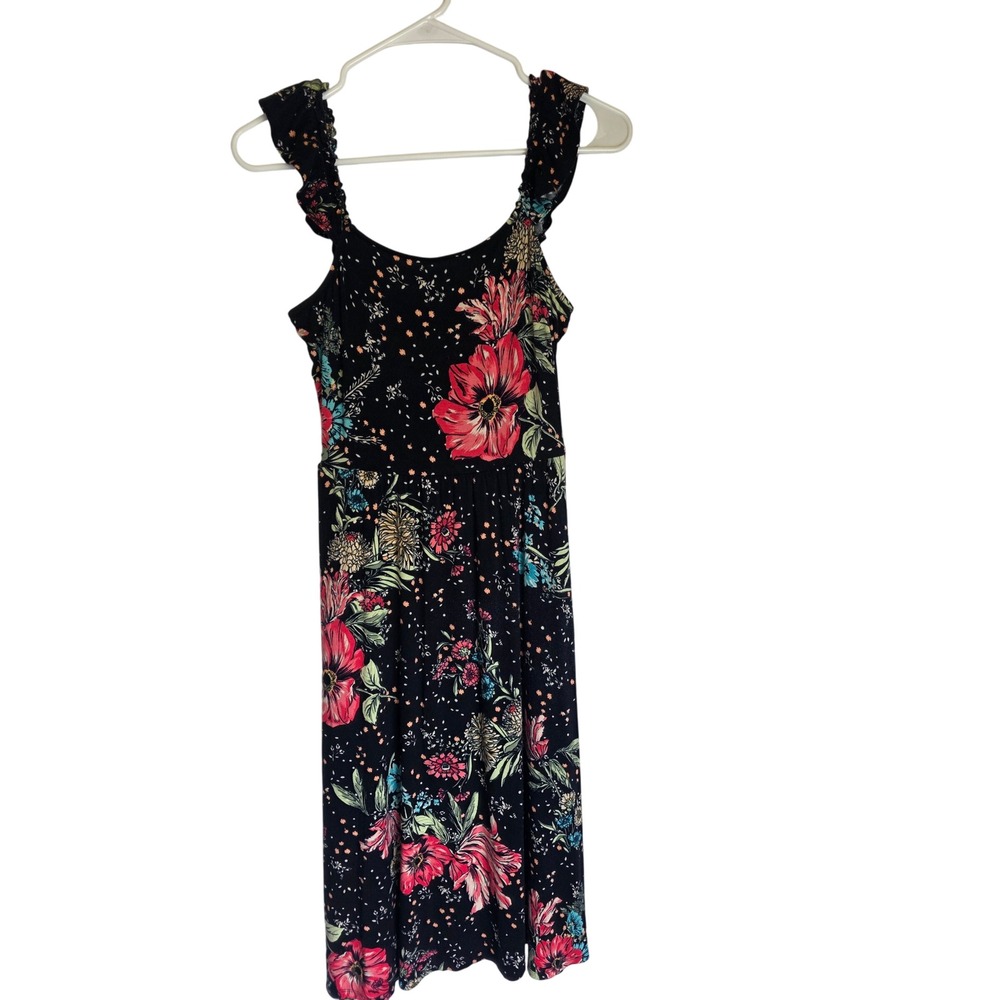 Maurices 24/7 Black Floral Ruffle Strap Smocked Midi Dress Womens S Coquette